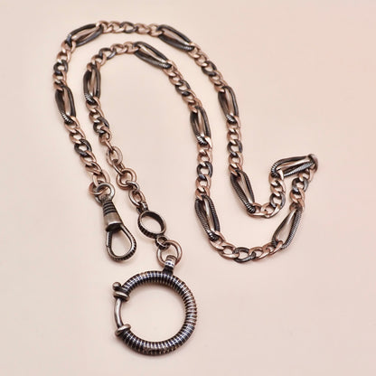 Antique Victorian Niello Silver & 9k Rose Gold Vermeil Pocket Watch Chain Necklace MB72