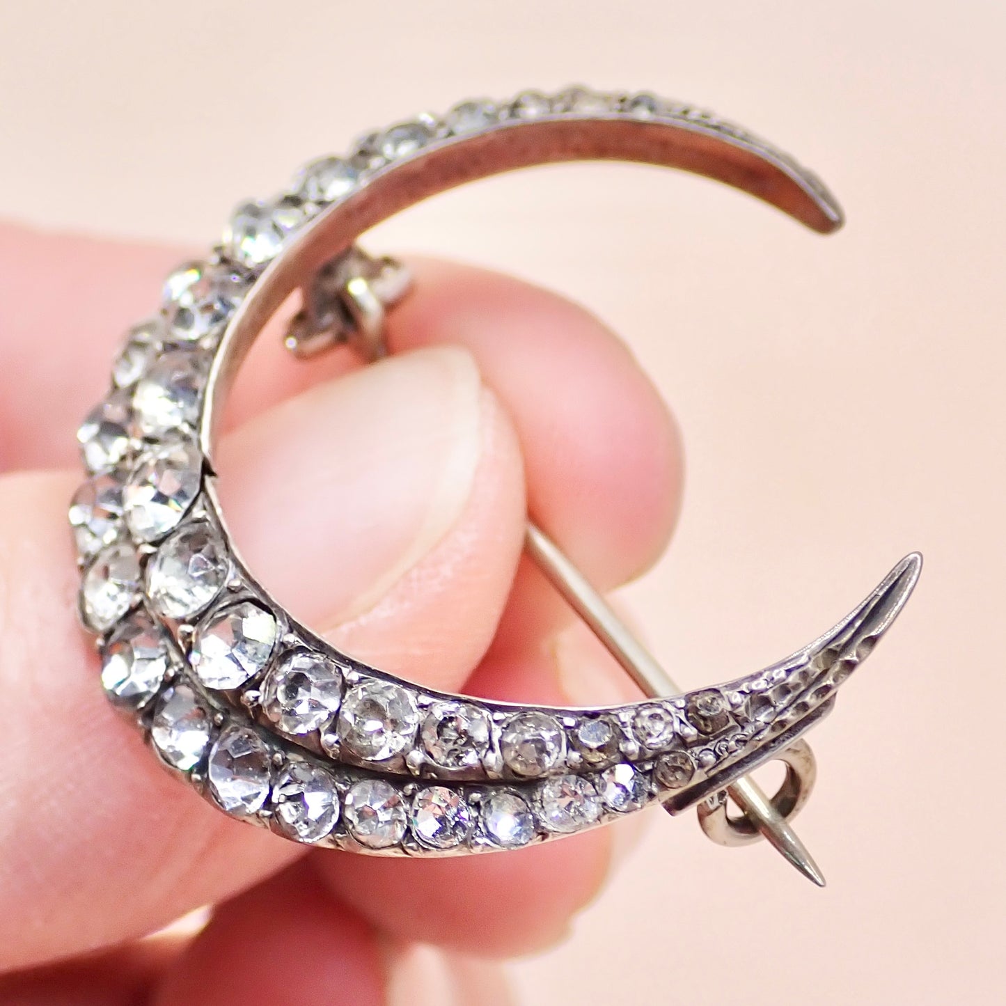 Antique Victorian 835 Silver "Paste Diamond" Crescent Moon Pin Brooch