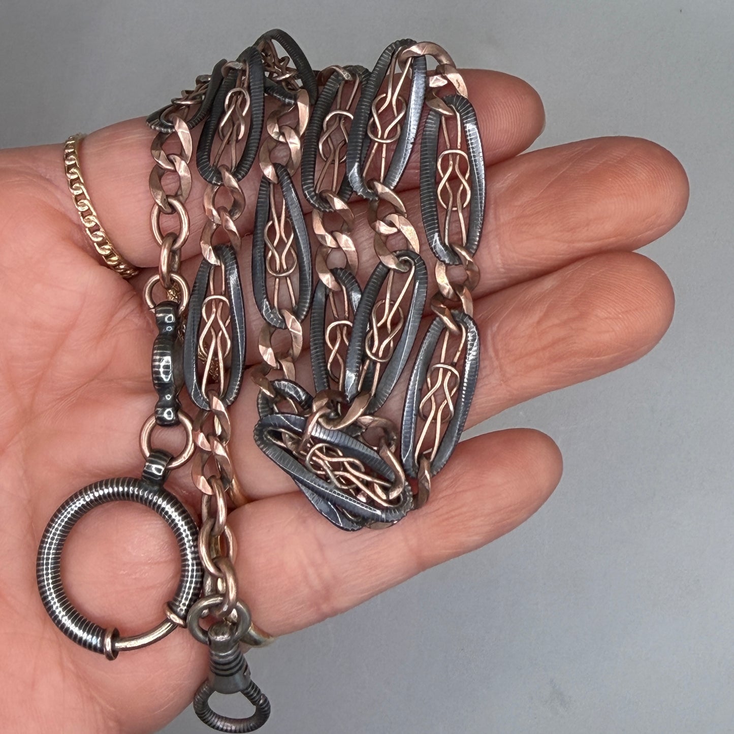 Antique Victorian "Lover's Knot" Open-Work 800 Niello & Rose Gold Vermeil Pocket Wactch Chain, 19-1/8” inches MBP2