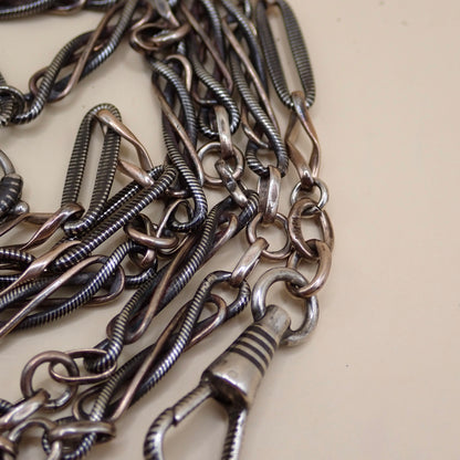 Converted Antique Victorian 800 Silver Niello & Rose Gold Vermeil Pocket Watch Chain Necklace MB74