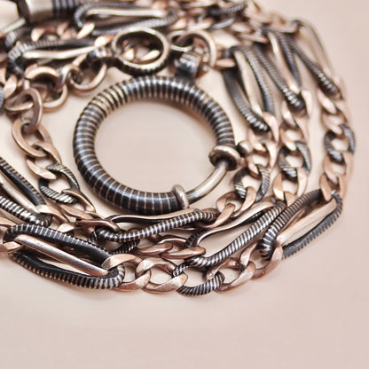 Antique Victorian Niello Silver & 9k Rose Gold Vermeil Pocket Watch Chain Necklace MB72
