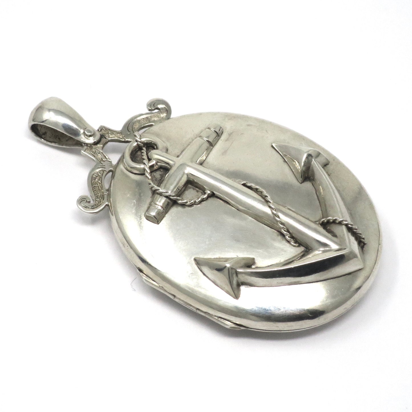 Antique Victorian Sterling Silver Anchor Oval Locket Pendant
