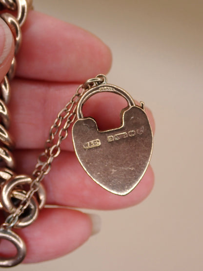 Antique Edwardian 1906 Fully Hallmarked 9k Rose Gold Heart Padlock Curb Bracelet 37.7grams