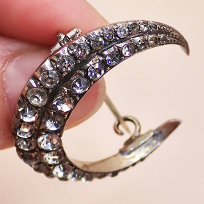 Antique Victorian 835 Silver "Paste Diamond" Crescent Moon Pin Brooch