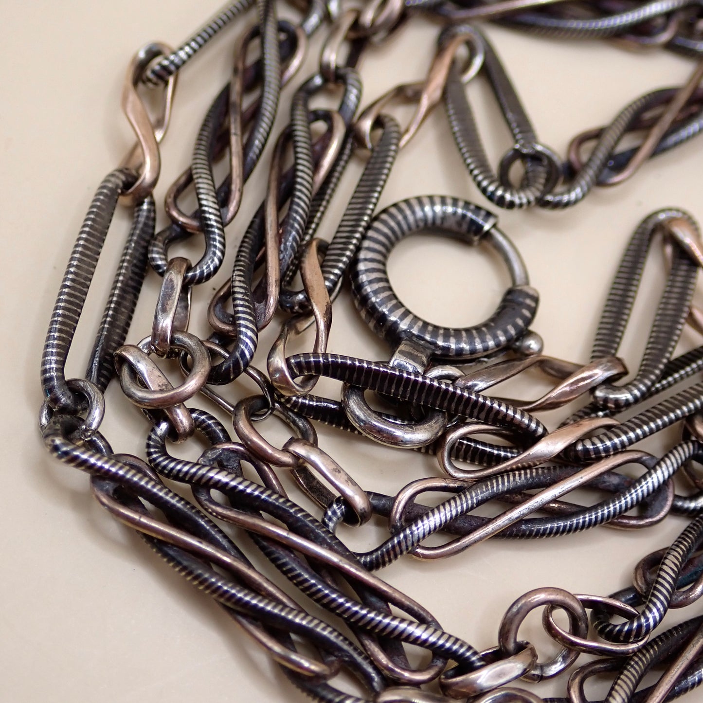 Converted Antique Victorian 800 Silver Niello & Rose Gold Vermeil Pocket Watch Chain Necklace MB74