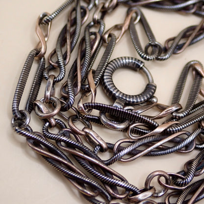Converted Antique Victorian 800 Silver Niello & Rose Gold Vermeil Pocket Watch Chain Necklace MB74