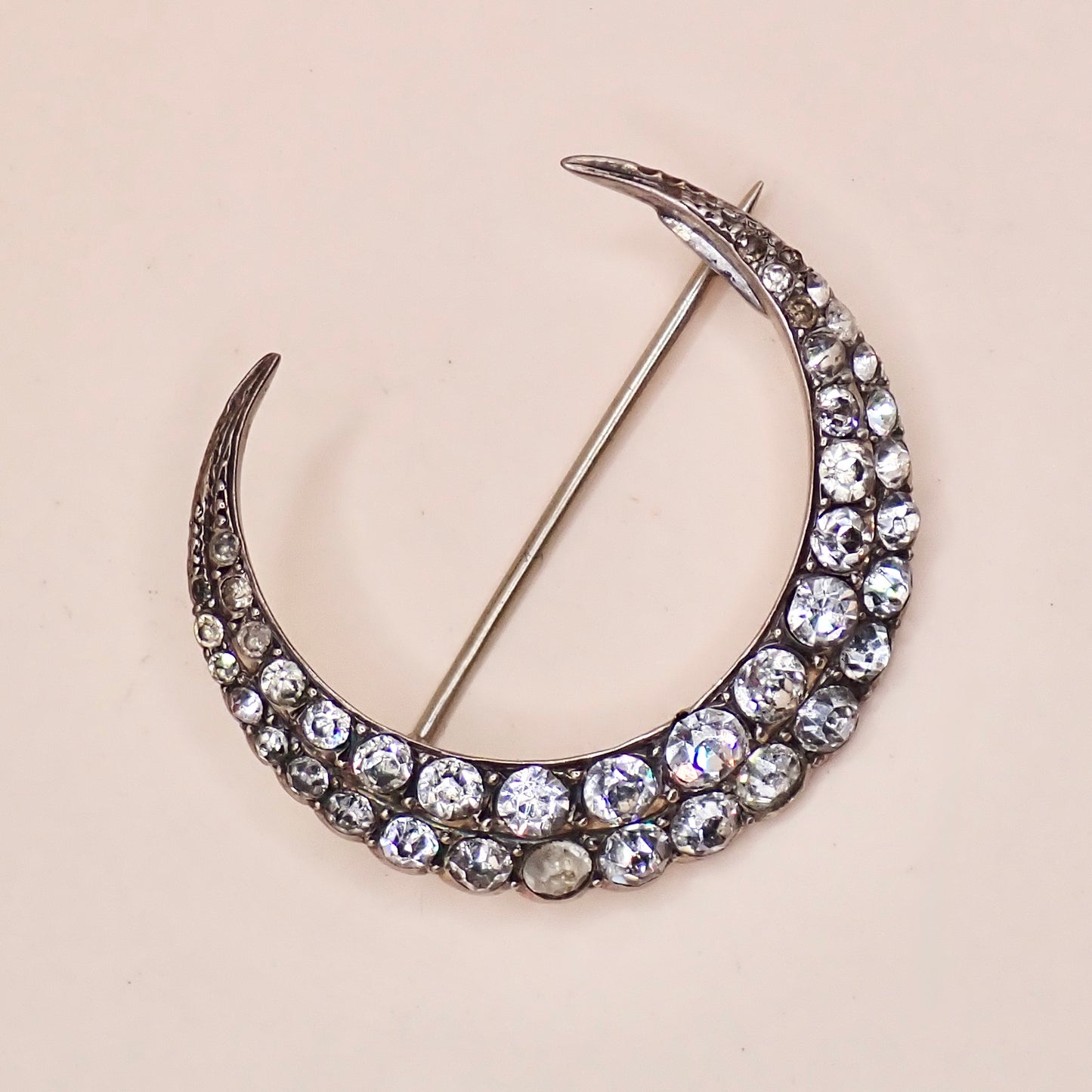 Antique Victorian 835 Silver "Paste Diamond" Crescent Moon Pin Brooch
