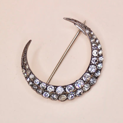 Antique Victorian 835 Silver "Paste Diamond" Crescent Moon Pin Brooch