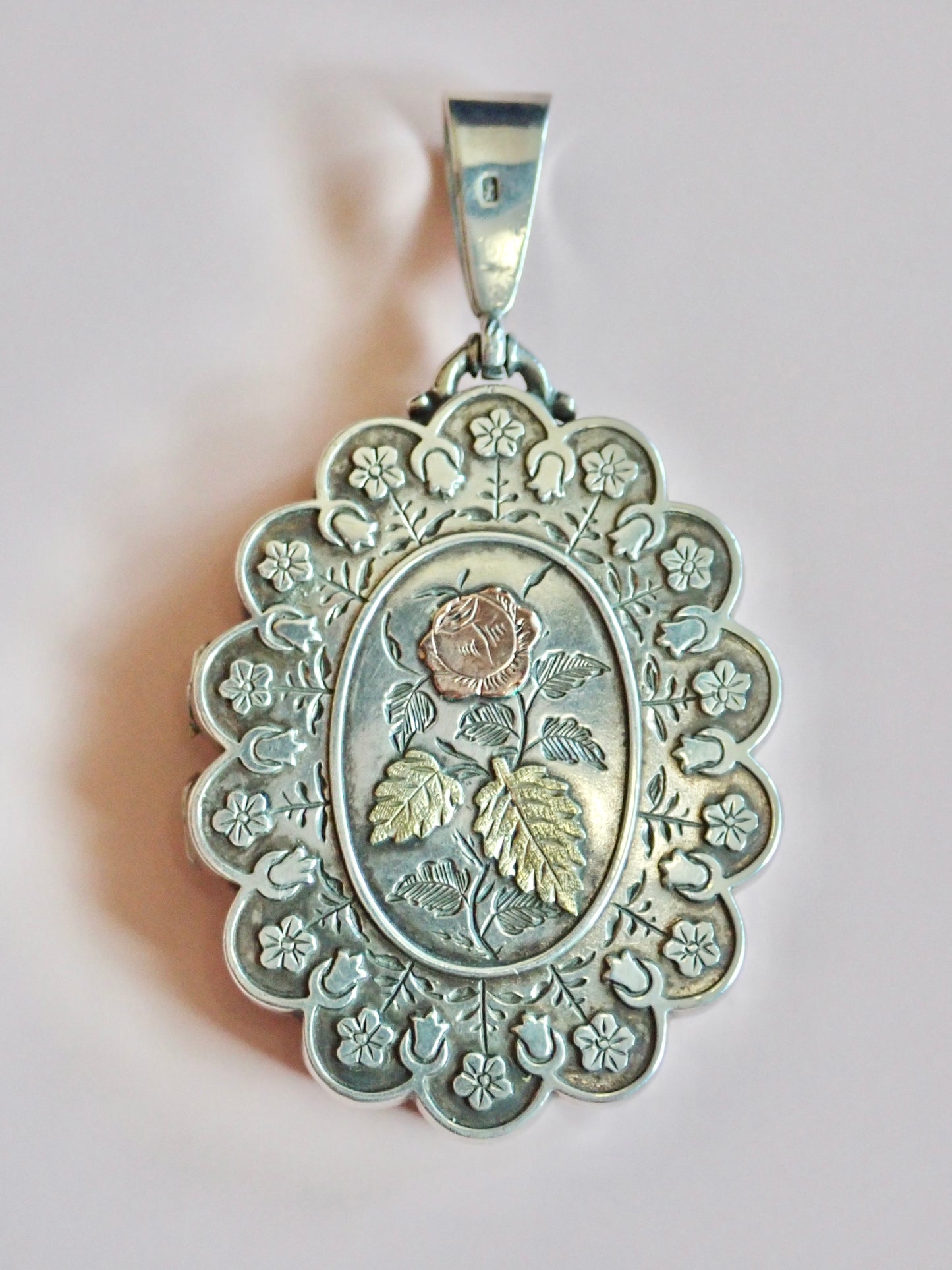 1881 Antique Victorian Birmingham Tricolor Sterling Silver Scalloped Flower Locket Pendant
