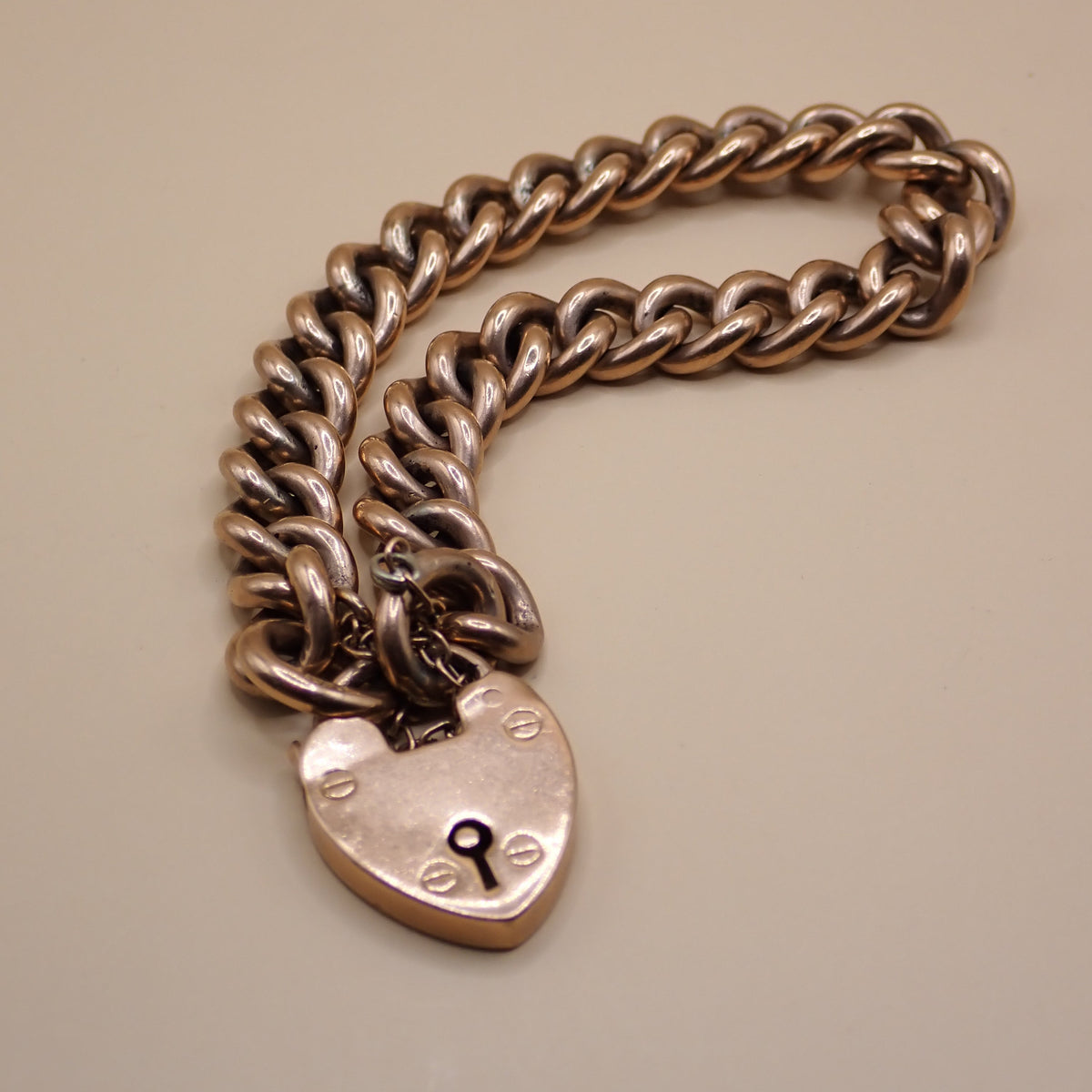 Antique Edwardian 1906 Fully Hallmarked 9k Rose Gold Heart Padlock Curb Bracelet 37.7grams