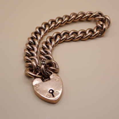 Antique Edwardian 1906 Fully Hallmarked 9k Rose Gold Heart Padlock Curb Bracelet 37.7grams