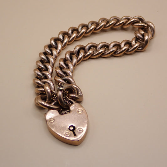 Antique Edwardian 1906 Fully Hallmarked 9k Rose Gold Heart Padlock Curb Bracelet 37.7grams