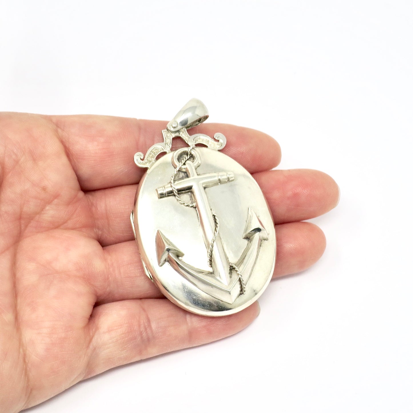 Antique Victorian Sterling Silver Anchor Oval Locket Pendant