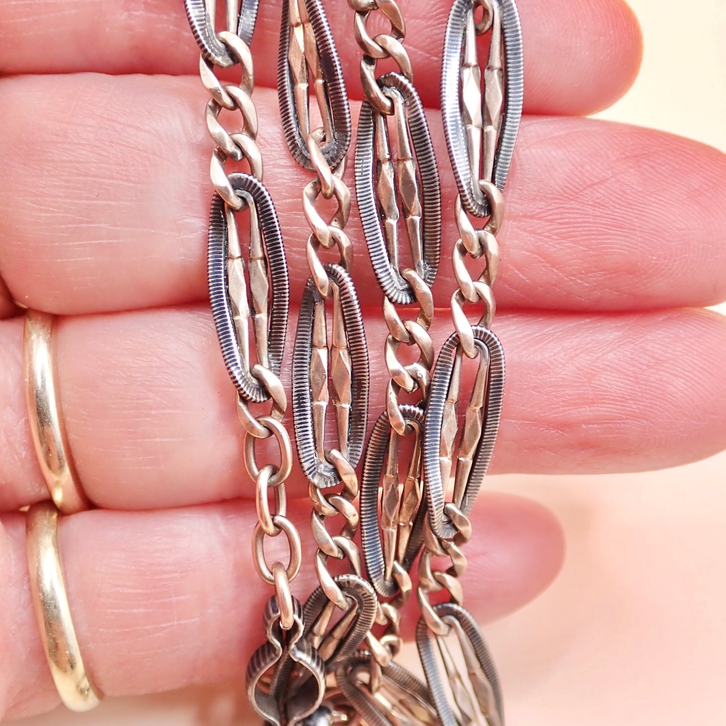 Antique Victorian .800 Silver & 9K Rose Gold Vermeil Niello Trombone Link Necklace MB66