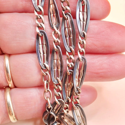 Antique Victorian .800 Silver & 9K Rose Gold Vermeil Niello Trombone Link Necklace MB66