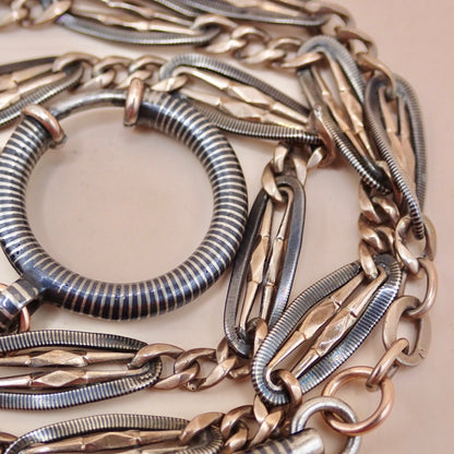 Antique Victorian .800 Silver & 9K Rose Gold Vermeil Niello Trombone Link Necklace MB66