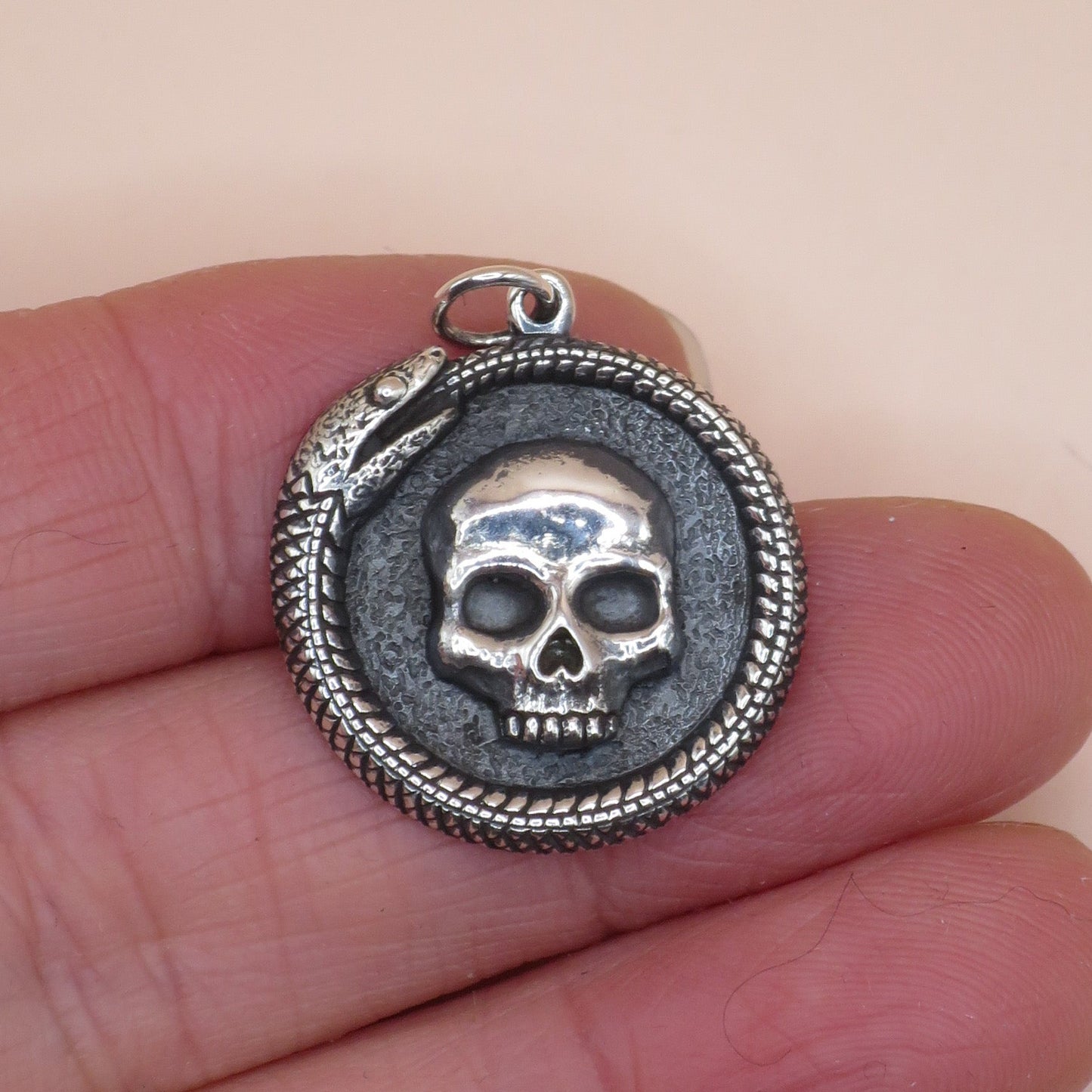 Solid 925 Sterling Silver Ouroboros Snake with Skull Pendant, 27x21mm