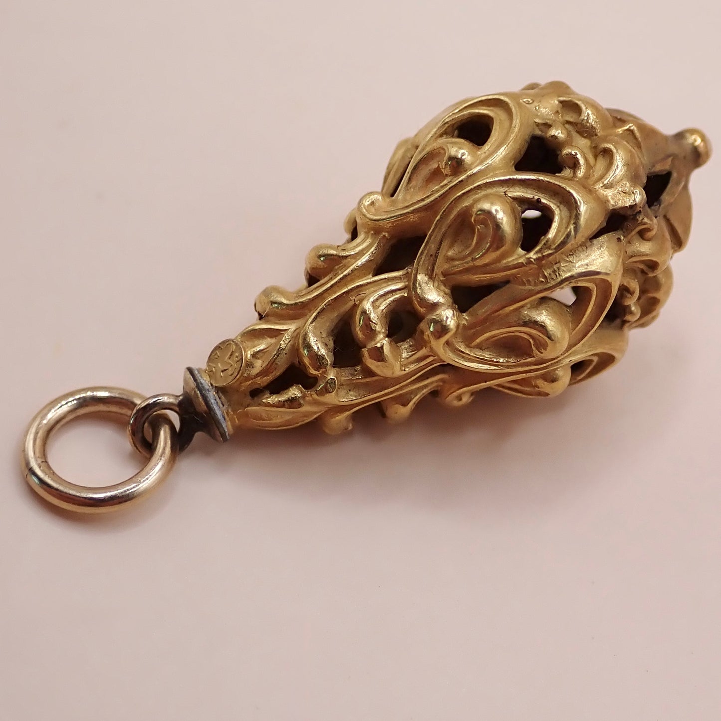 Mid-Century Solid 14K Yellow Gold Victorian Revival Filigree Lantern Cage Pendant