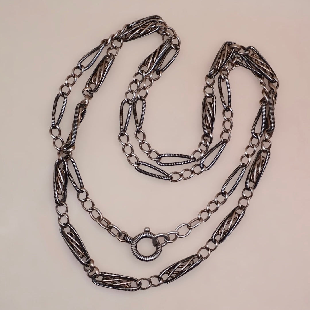 Converted Antique "Grand Sautoir" Victorian Niello & Rose Gold Vermeil Chain Necklace MB87