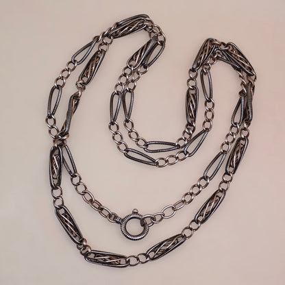 Converted Antique "Grand Sautoir" Victorian Niello & Rose Gold Vermeil Chain Necklace MB87