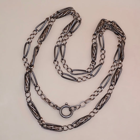 Converted Antique "Grand Sautoir" Victorian Niello & Rose Gold Vermeil Chain Necklace MB87