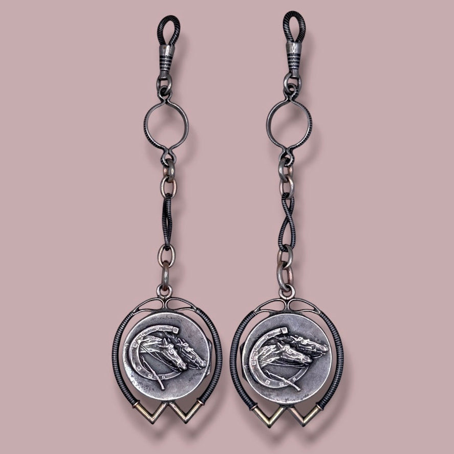 Antique Victorian .800 Silver & 12K Rose Gold Niello Equestrian "Short Drop" Fob Pendant MBP9