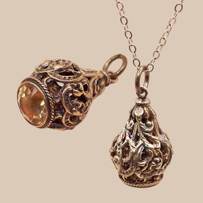 Rare Victorian 14K Gold "Lantern" Filigree Cage Charm with Honey Citrine