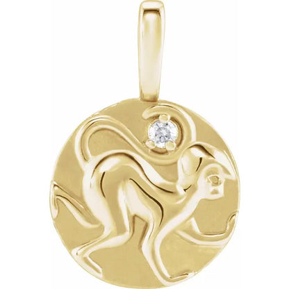 14K Yellow Gold .015 CT Natural Diamond Chinese Zodiac Year of the Monkey Pendant