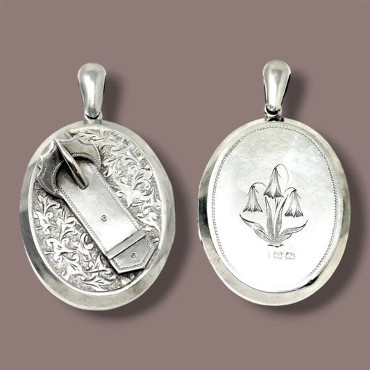 Antique 1879 Sterling Silver Victorian "Belt Buckle& Snowdrop" Locket Pendant