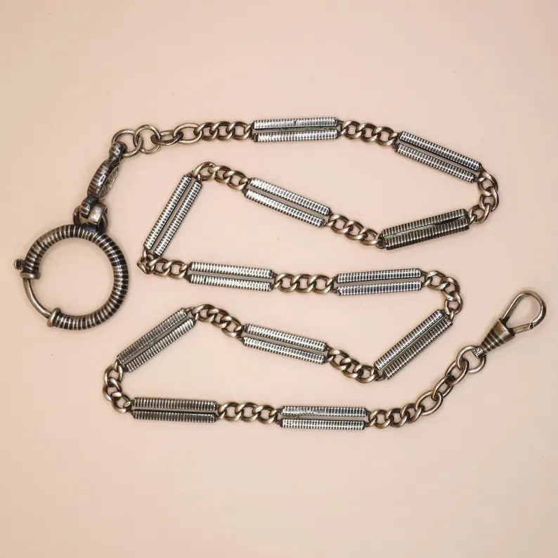 Antique Victorian "Lantern Link" 800 Niello & Champagne Silver Pocket Watch Bar Chain Necklace, 16-1/4" inches, 16.5 grams MB69