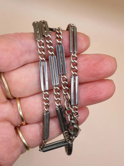 Antique Victorian "Lantern Link" 800 Niello & Champagne Silver Pocket Watch Bar Chain Necklace, 16-1/4" inches, 16.5 grams MB69
