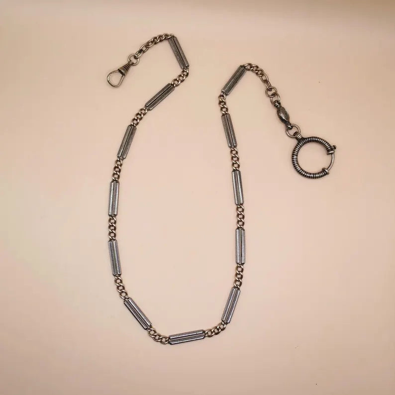 Antique Victorian "Lantern Link" 800 Niello & Champagne Silver Pocket Watch Bar Chain Necklace, 16-1/4" inches, 16.5 grams MB69