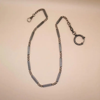 Antique Victorian "Lantern Link" 800 Niello & Champagne Silver Pocket Watch Bar Chain Necklace, 16-1/4" inches, 16.5 grams MB69