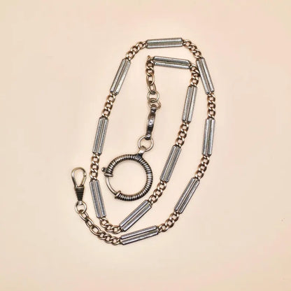 Antique Victorian "Lantern Link" 800 Niello & Champagne Silver Pocket Watch Bar Chain Necklace, 16-1/4" inches, 16.5 grams MB69