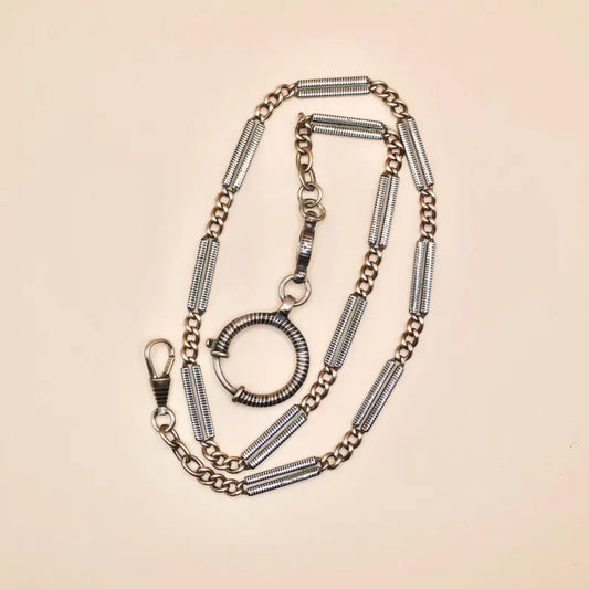 Antique Victorian "Lantern Link" 800 Niello & Champagne Silver Pocket Watch Bar Chain Necklace, 16-1/4" inches, 16.5 grams MB69