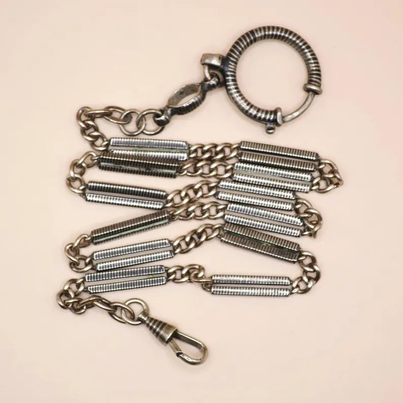 Antique Victorian "Lantern Link" 800 Niello & Champagne Silver Pocket Watch Bar Chain Necklace, 16-1/4" inches, 16.5 grams MB69