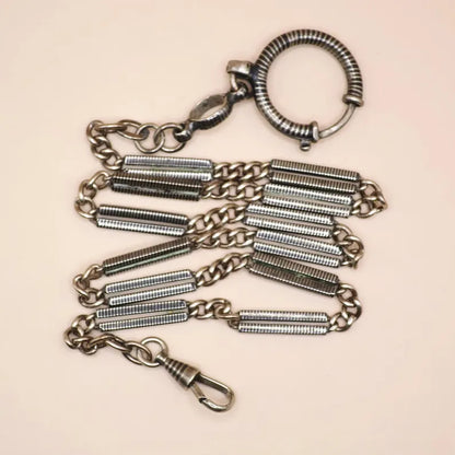 Antique Victorian "Lantern Link" 800 Niello & Champagne Silver Pocket Watch Bar Chain Necklace, 16-1/4" inches, 16.5 grams MB69