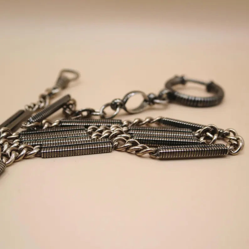 Antique Victorian "Lantern Link" 800 Niello & Champagne Silver Pocket Watch Bar Chain Necklace, 16-1/4" inches, 16.5 grams MB69