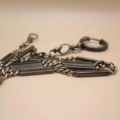 Antique Victorian "Lantern Link" 800 Niello & Champagne Silver Pocket Watch Bar Chain Necklace, 16-1/4" inches, 16.5 grams MB69