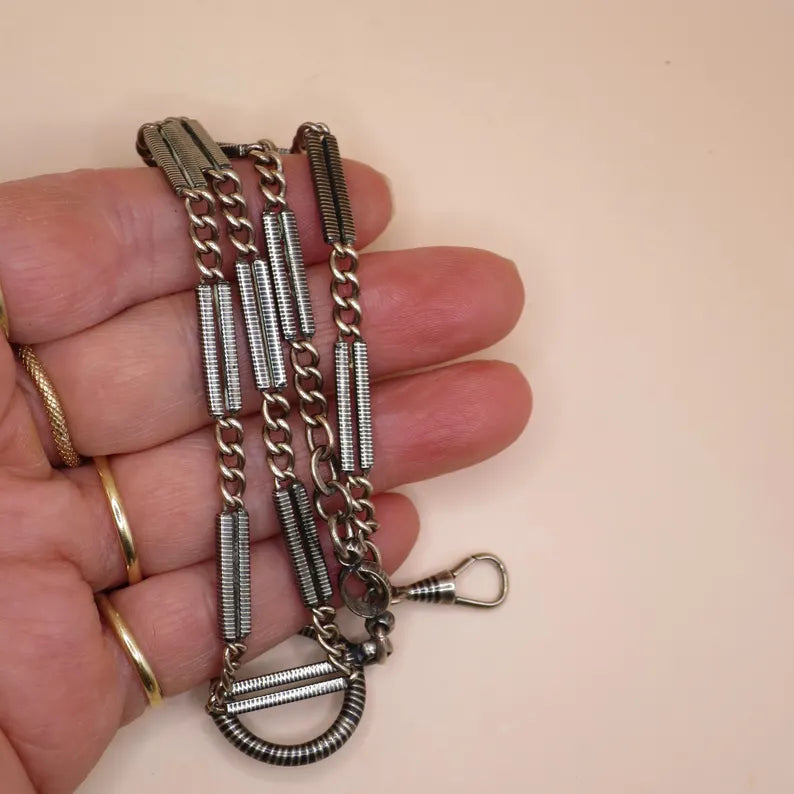 Antique Victorian "Lantern Link" 800 Niello & Champagne Silver Pocket Watch Bar Chain Necklace, 16-1/4" inches, 16.5 grams MB69