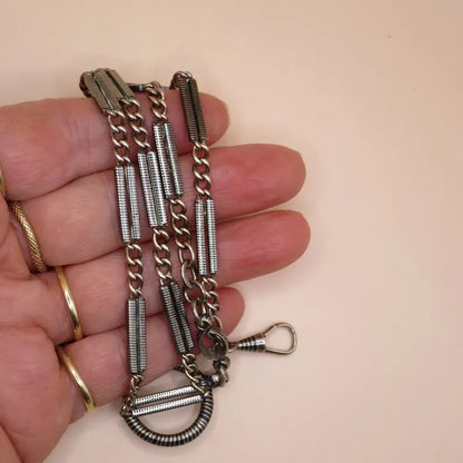 Antique Victorian "Lantern Link" 800 Niello & Champagne Silver Pocket Watch Bar Chain Necklace, 16-1/4" inches, 16.5 grams MB69