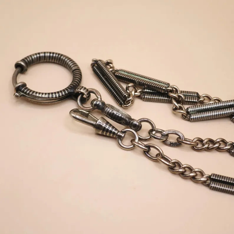 Antique Victorian "Lantern Link" 800 Niello & Champagne Silver Pocket Watch Bar Chain Necklace, 16-1/4" inches, 16.5 grams MB69