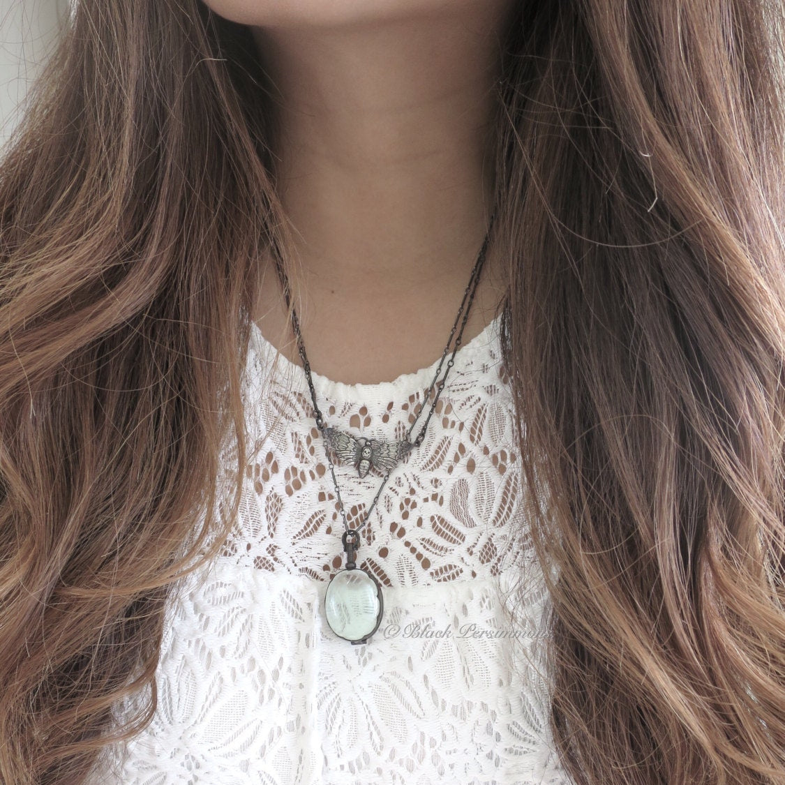 Scalloped Oval Antique Glass Locket Necklace - Oxidized Handcrafted Sterling Silver Pendant - Insurance Included