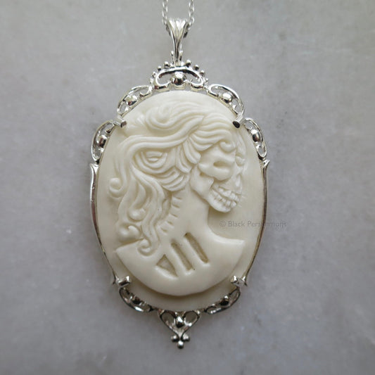 Hand Carved Buffalo Bone Skeleton Cameo Necklace - Sterling Silver Gothic Setting