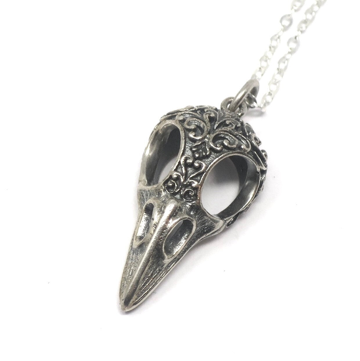 Solid 925 Sterling Silver Raven Bird Skull Charm with Scroll Carving Necklace