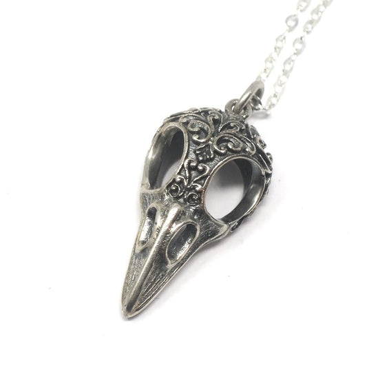 Solid 925 Sterling Silver Raven Bird Skull Charm with Scroll Carving Necklace