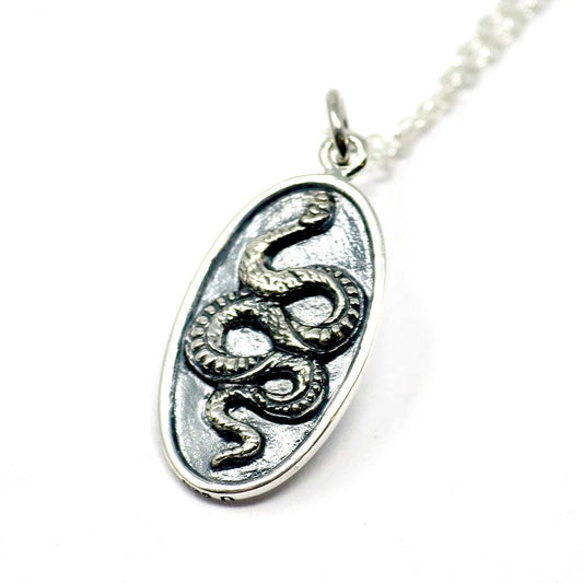 Solid 925 Sterling Silver Snake Oval Pendant Necklace