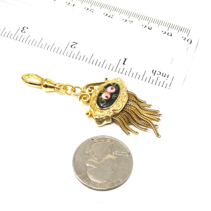 Antique Victorian Yellow Gilt Metal Enameled Flowers Tassel Pendant