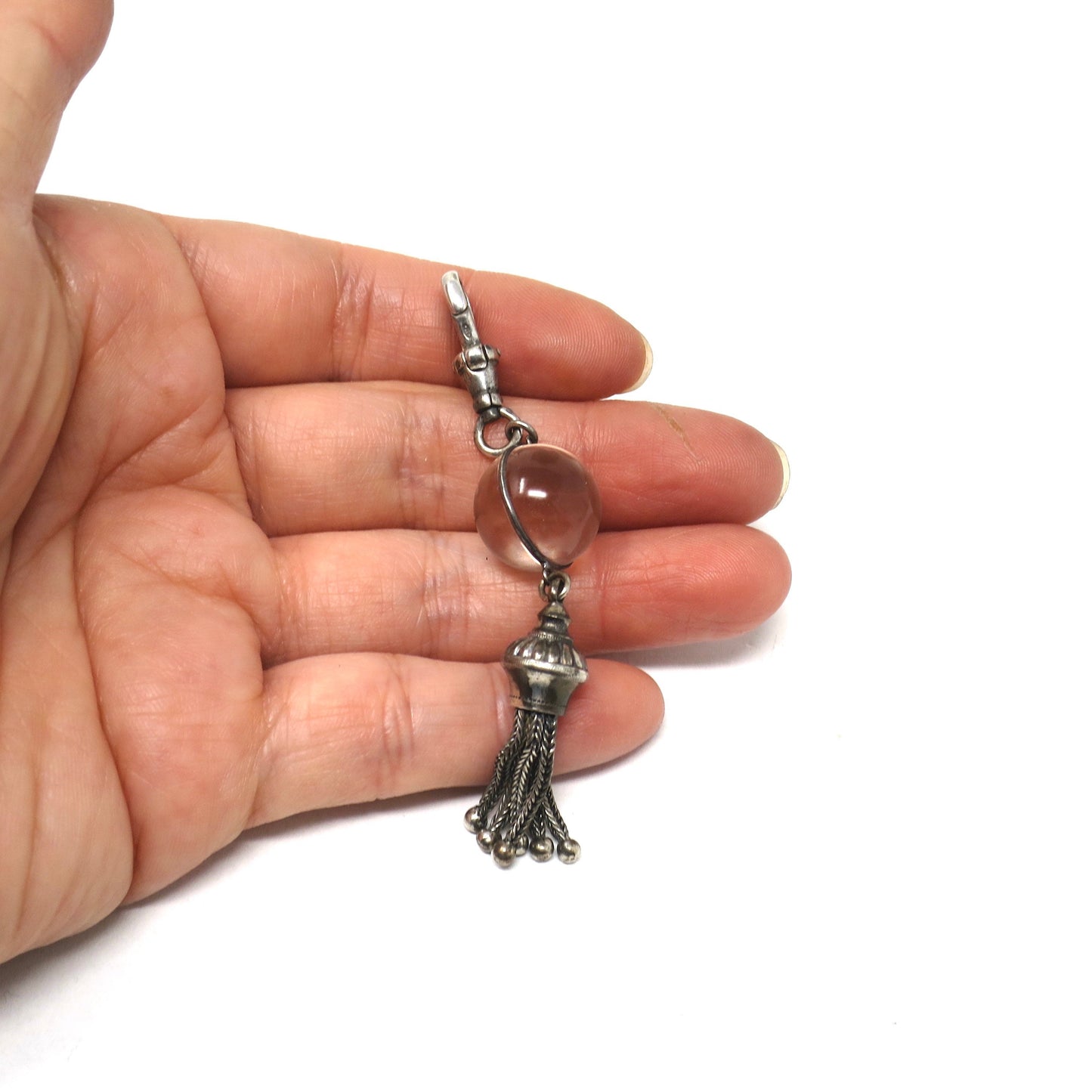 Antique Victorian Pool of Light Rock Crystal Sterling Silver Fob Tassel Pendant