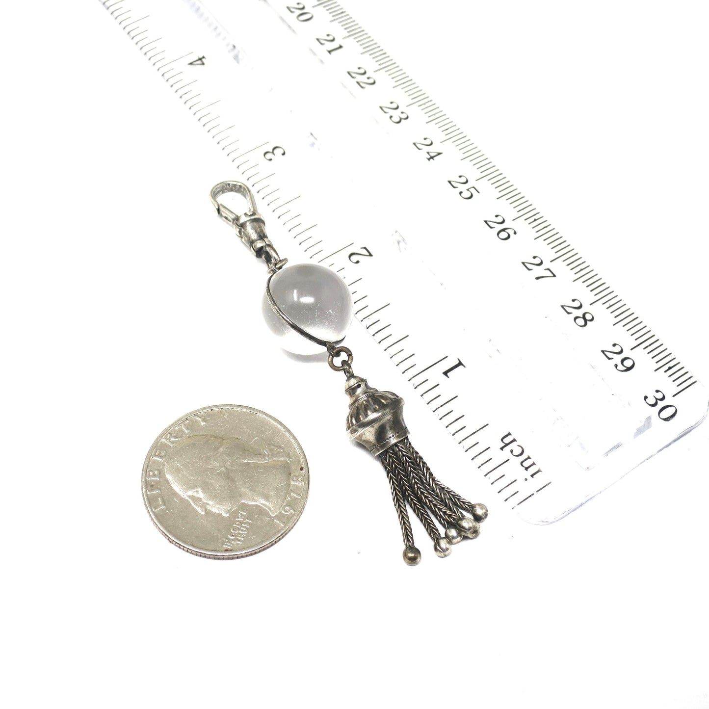 Antique Victorian Pool of Light Rock Crystal Sterling Silver Fob Tassel Pendant